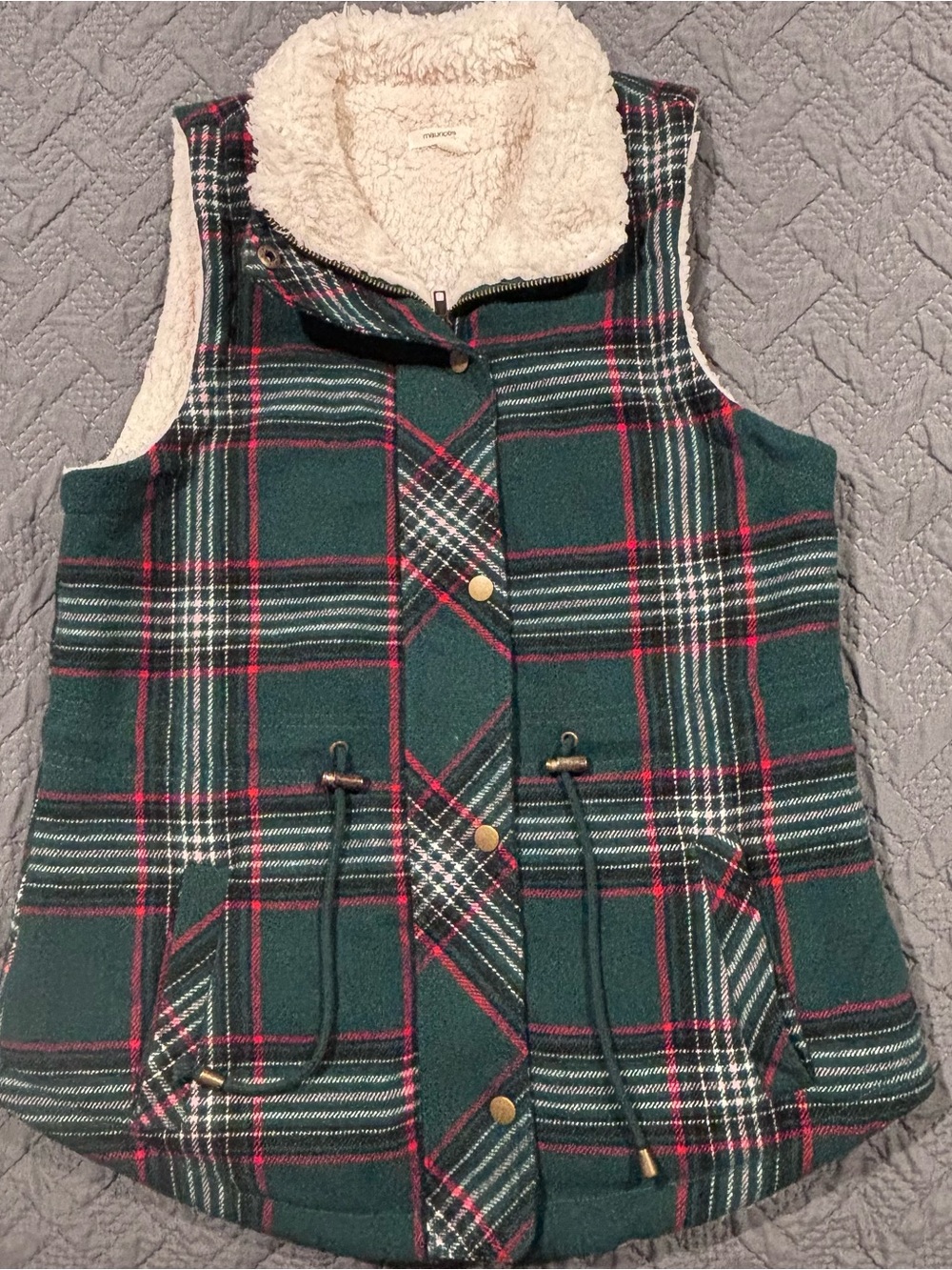 Maurices Green Plaid Sherpa-Lined Vest with Red & Cream Accents